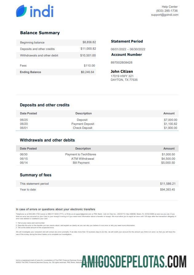 USA Indi modelo de extrato bancário